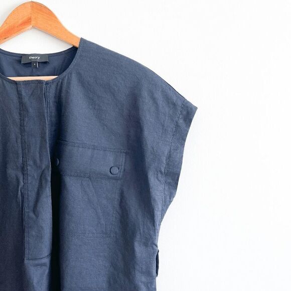 Theory Womens Utility Dress Short Sleeve Front Pockets Black Size 6 MISSING BELT - Picture 3 of 8